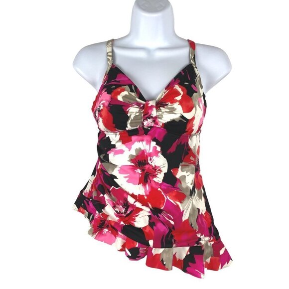 Magicsuit Tankini Swim Top Asymmetrical Floral Ruffle Women's Size 10 - Picture 1 of 7